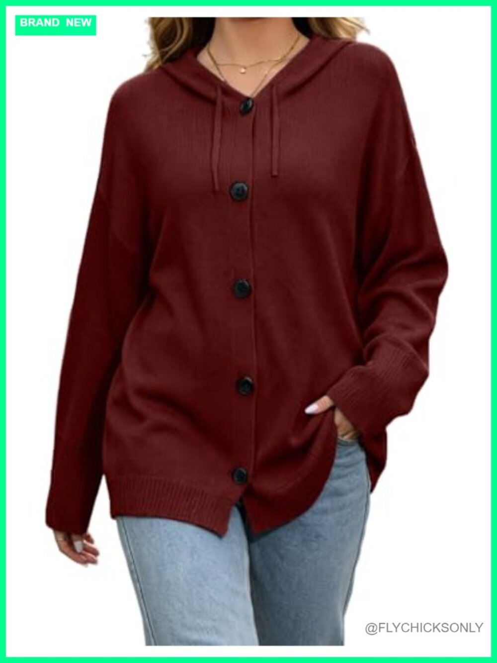 Oversized Hooded Button Down Cardigan Sweater Lightweight Knit Casual